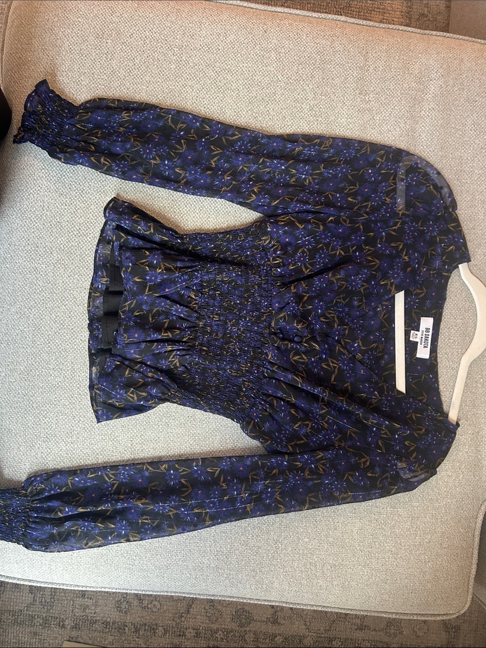 BB Dakota Navy Blue Floral Smocked Waist Blouse